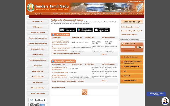 Screenshot di tntenders.gov.in