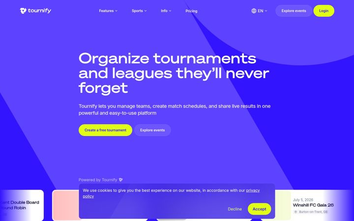 Екранна снимка на tournifyapp.com