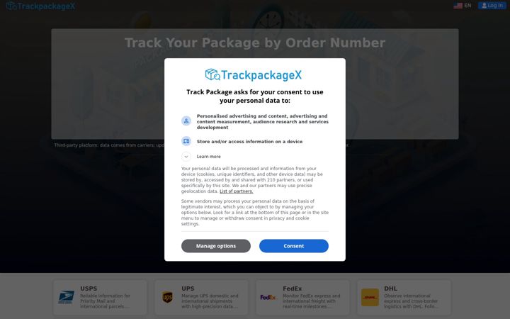 Screenshot of trackpackagex.com