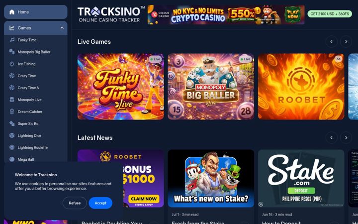 Screenshot of tracksino.com