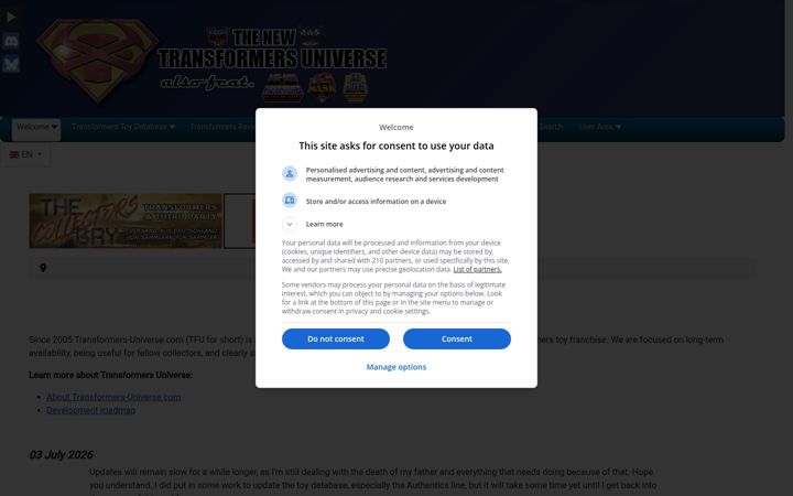 Captură de ecran a transformers-universe.com