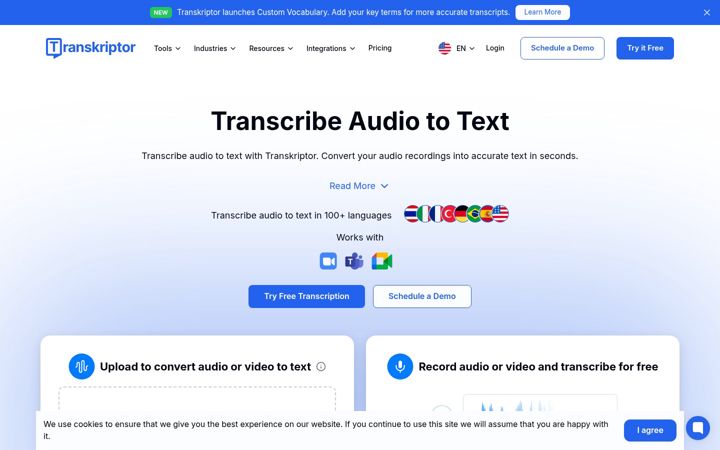 Screenshot of transkriptor.com