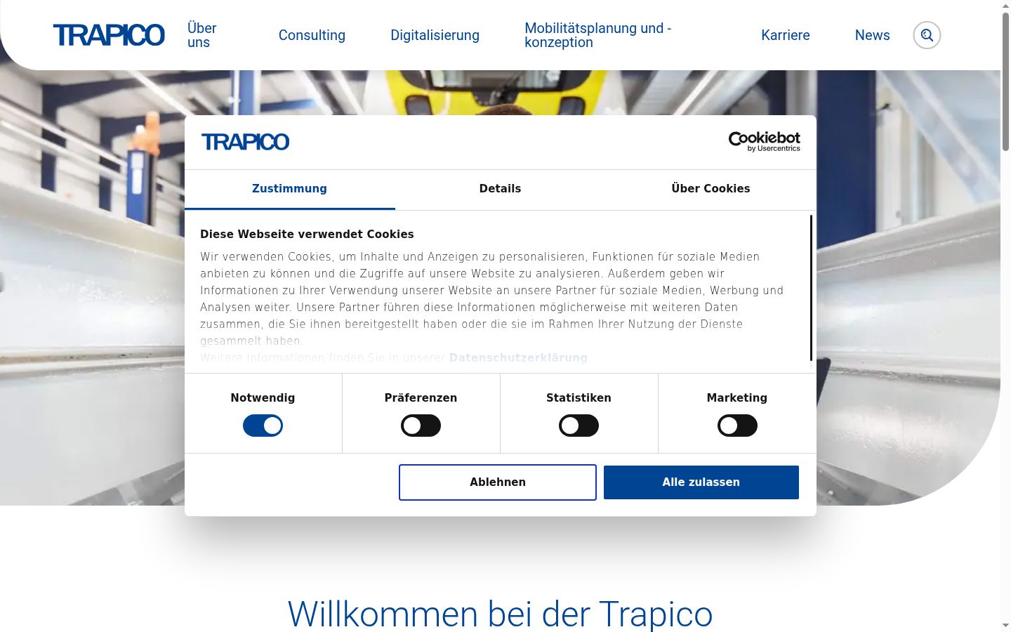 Screenshot des Einwilligungsbanners vor jeglicher Interaktion