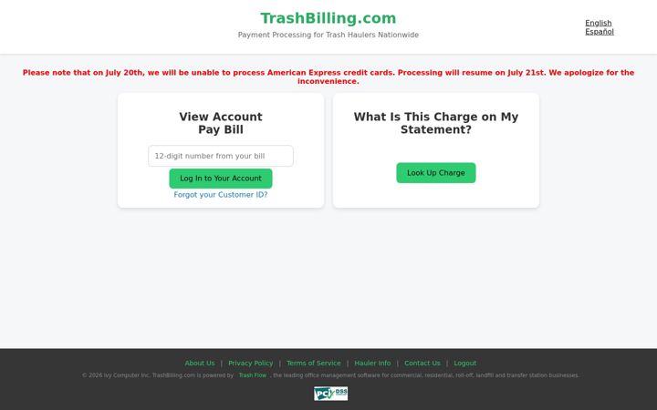 Screenshot of trashbilling.com