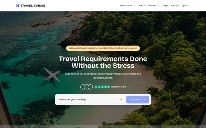 Screenshot stránky travelevisas.com