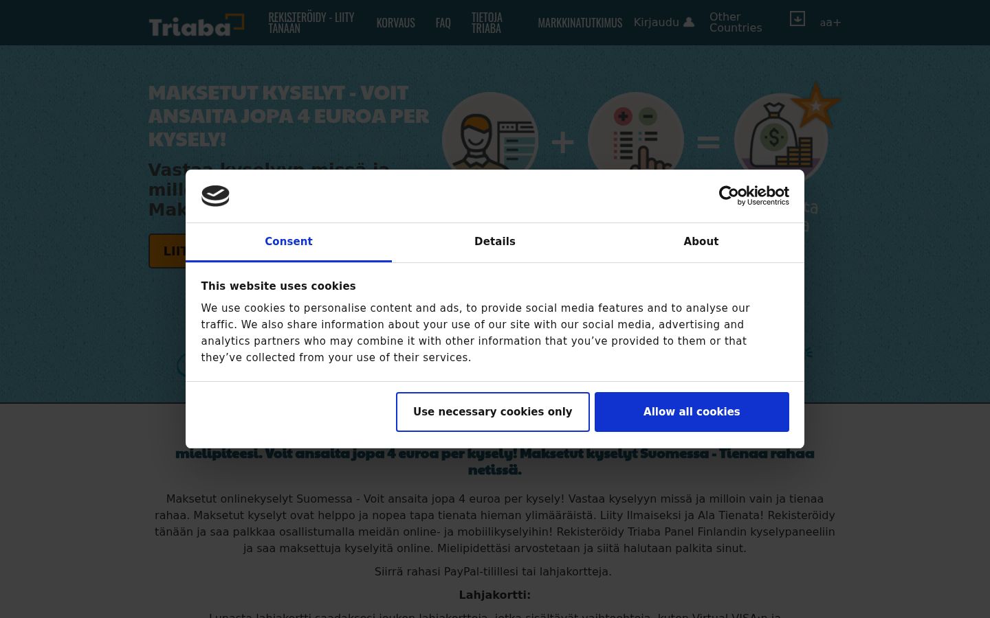 Screenshot del banner di consenso mostrato prima di qualsiasi interazione