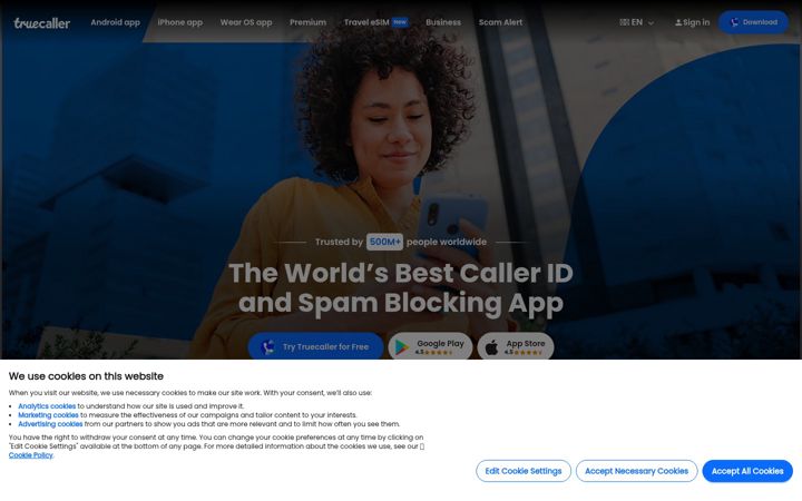 Snímek obrazovky truecaller.com