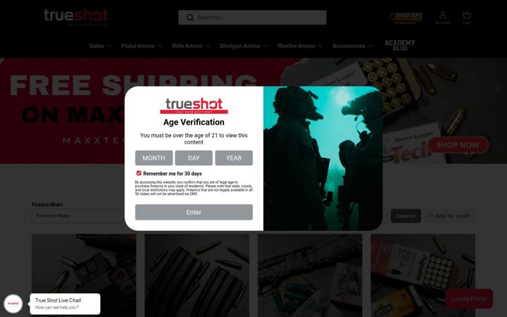 Kuvakaappaus sivustosta trueshotammo.com