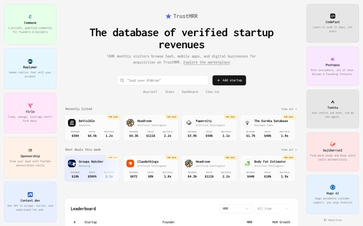 Captura de ecrã de trustmrr.com
