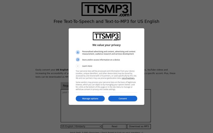Screenshot of ttsmp3.com