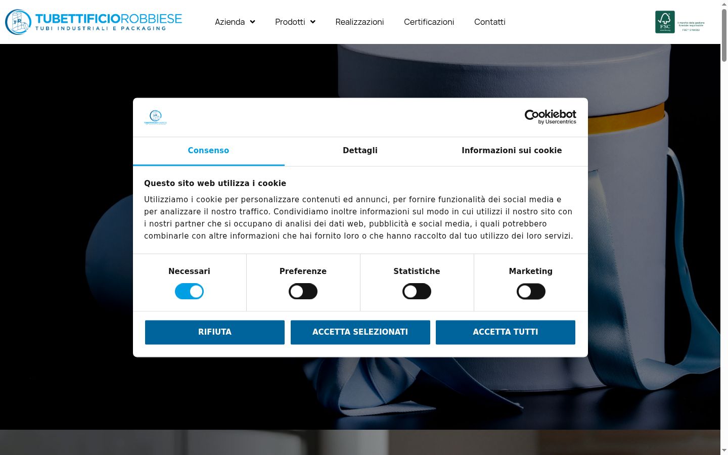 Screenshot del banner di consenso mostrato prima di qualsiasi interazione