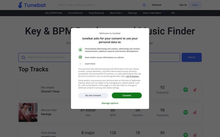 Screenshot von tunebat.com