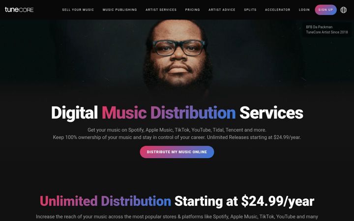 Ekrano kopija tunecore.com