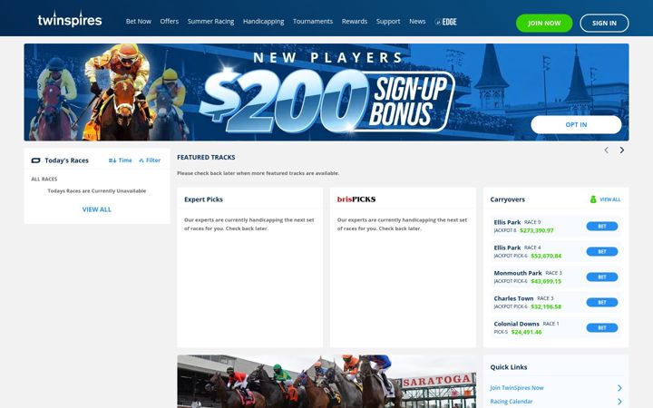 Kuvakaappaus sivustosta twinspires.com