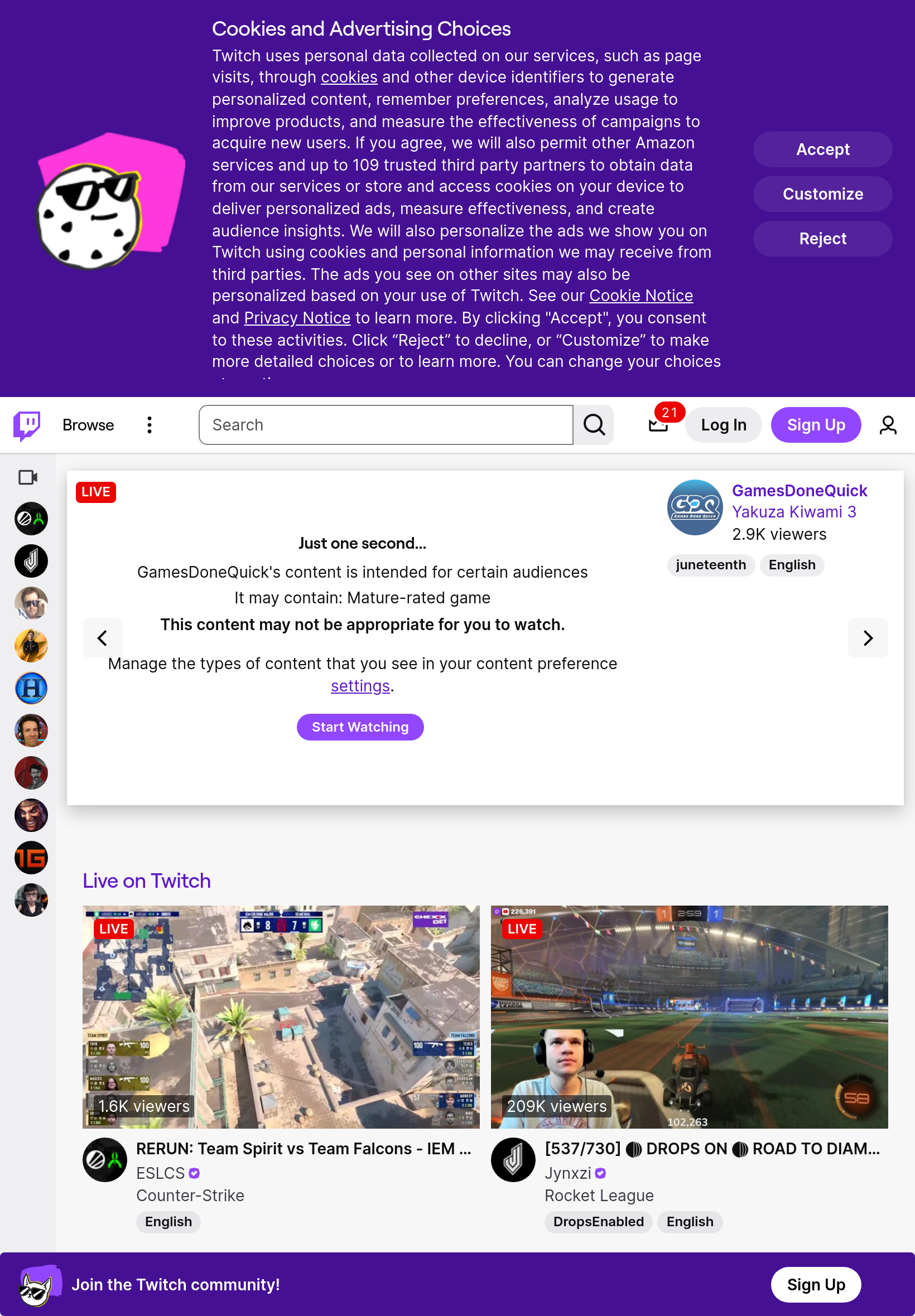 Tablet screenshot of twitch.tv