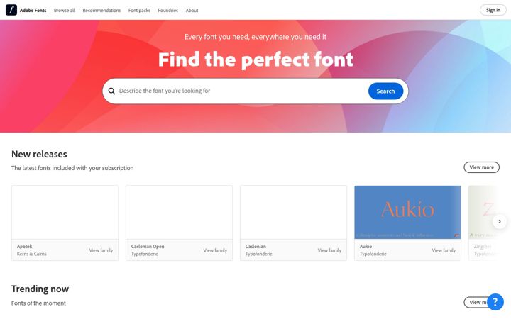Kuvakaappaus sivustosta typekit.com