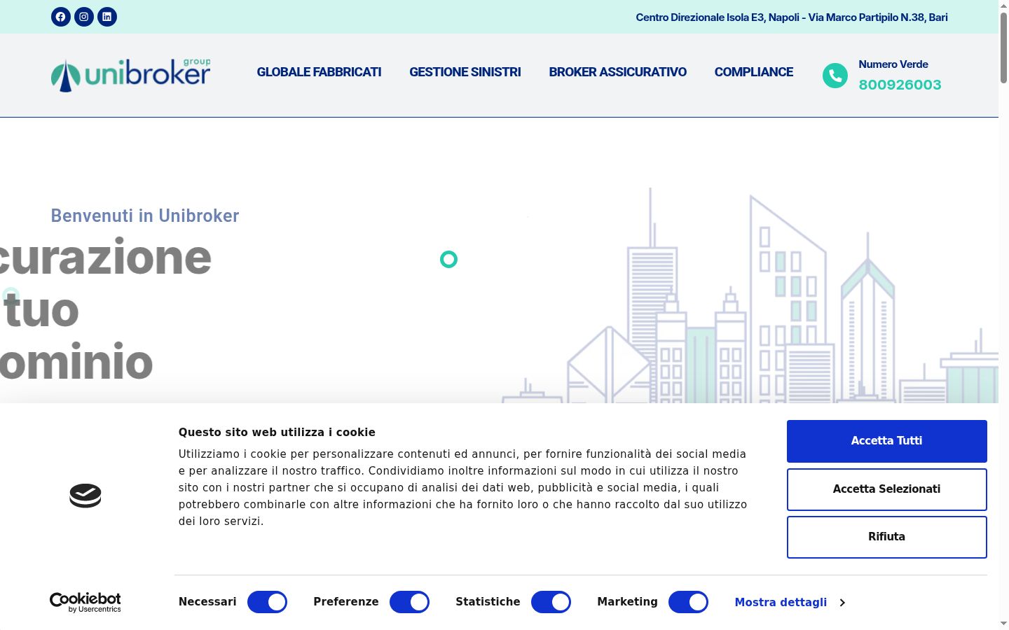 Screenshot del banner di consenso mostrato prima di qualsiasi interazione