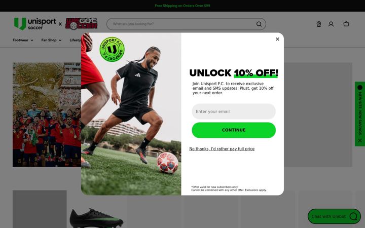 Screenshot of unisportsoccer.com