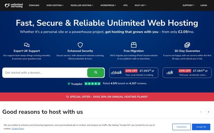 Captură de ecran a unlimitedwebhosting.co.uk