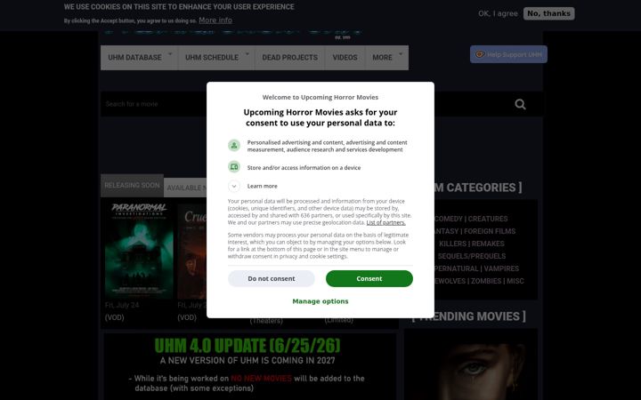 Screenshot of upcominghorrormovies.com