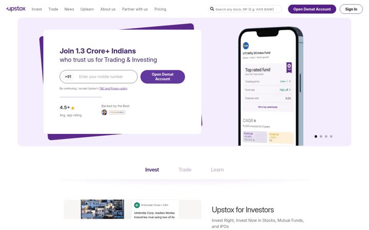 Snimka zaslona za upstox.com