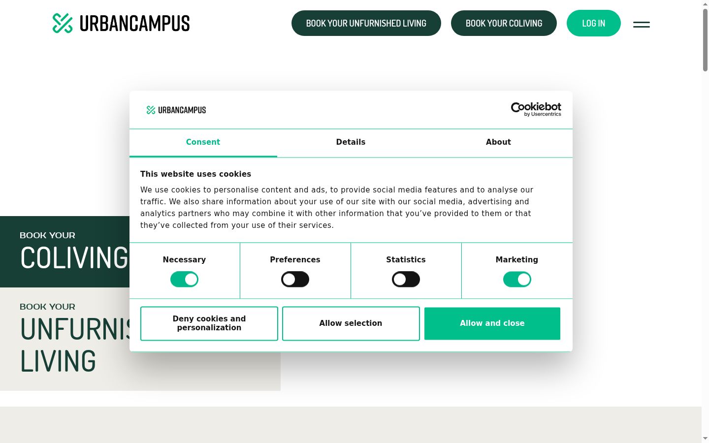 Captura de ecrã do banner de consentimento apresentado antes de qualquer interação