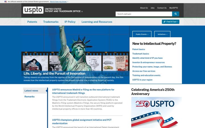 Snímek obrazovky uspto.gov