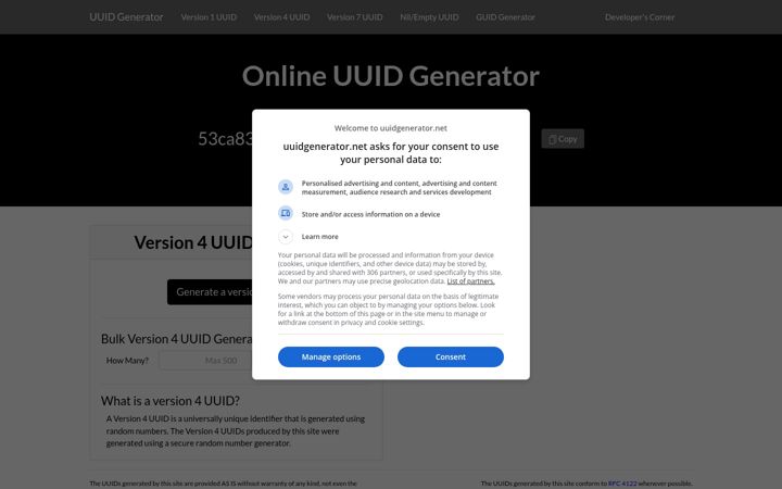 Snímek obrazovky uuidgenerator.net