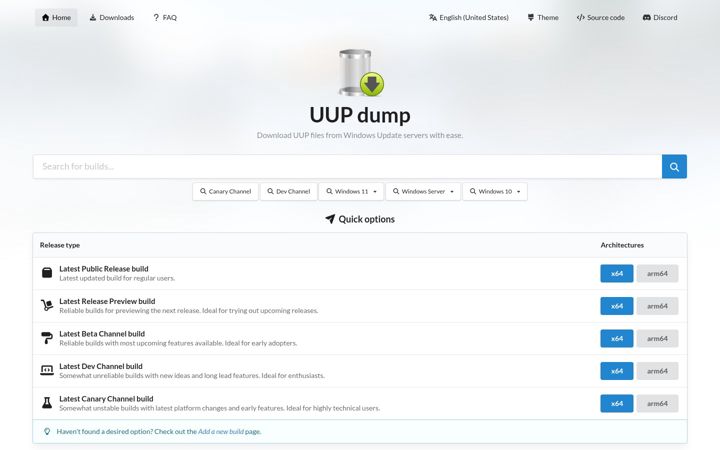 Screenshot of uupdump.net