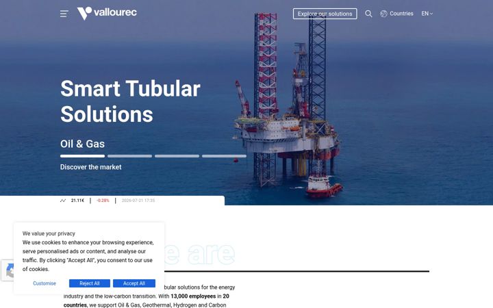 Kuvakaappaus sivustosta vallourec.com