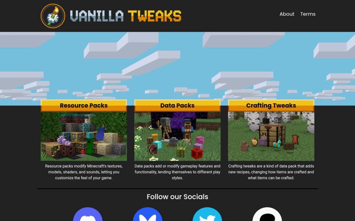Screenshot of vanillatweaks.net