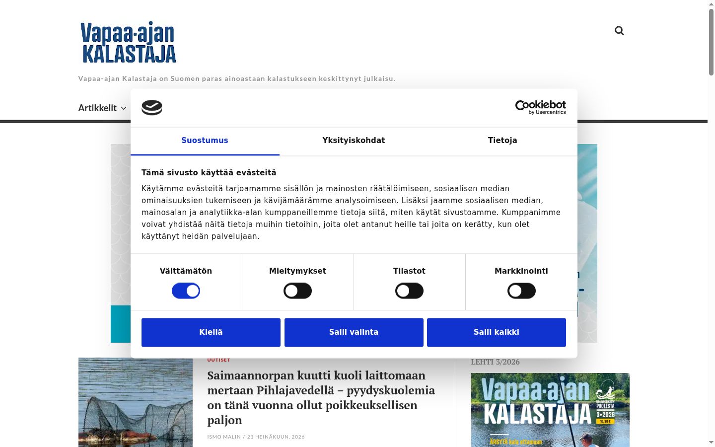 Kuvakaappaus suostumusbannerista, joka näytettiin ennen mitään vuorovaikutusta