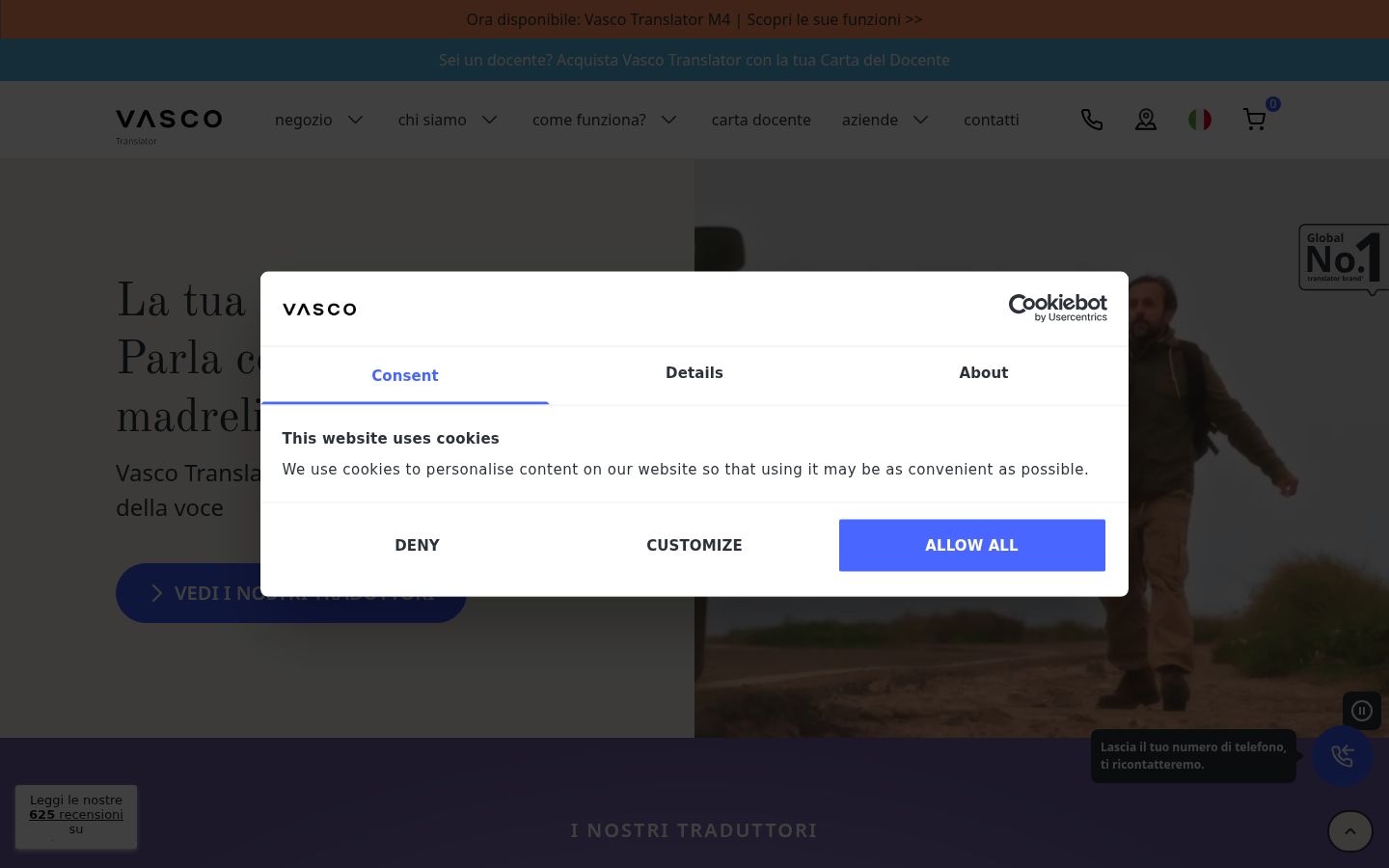 Screenshot del banner di consenso mostrato prima di qualsiasi interazione