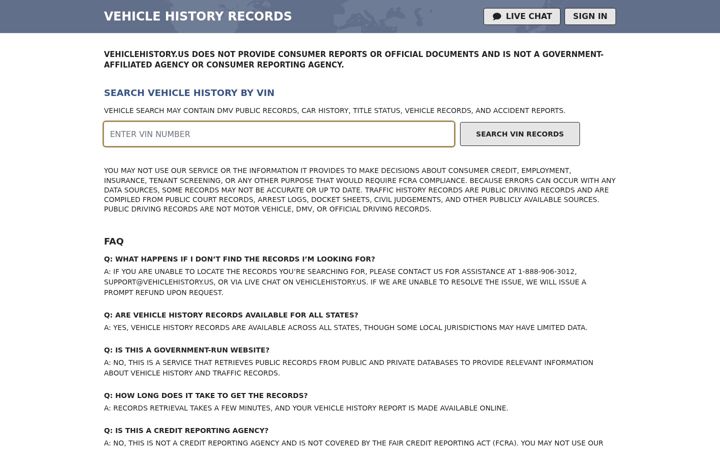 Screenshot of vehiclehistory.us