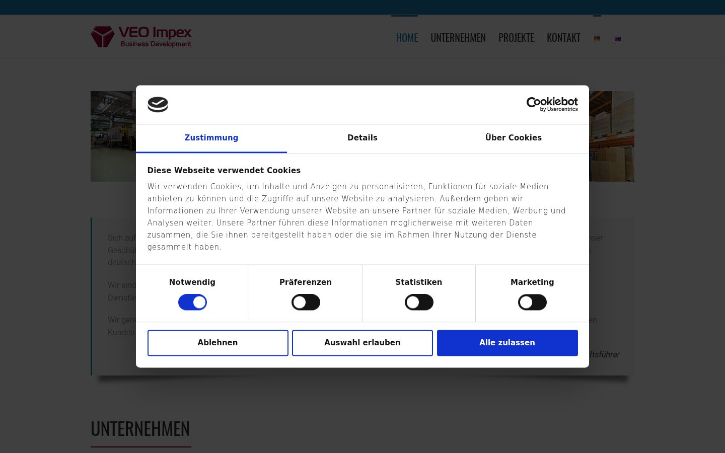 Screenshot des Einwilligungsbanners vor jeglicher Interaktion
