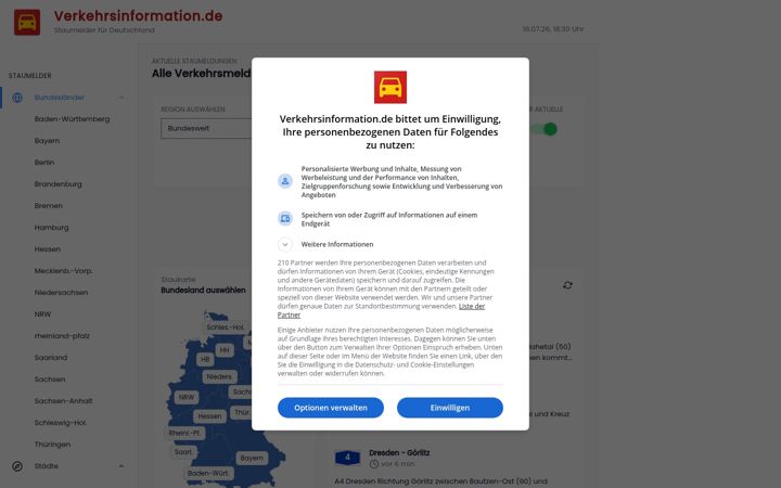Екранна снимка на verkehrsinformation.de