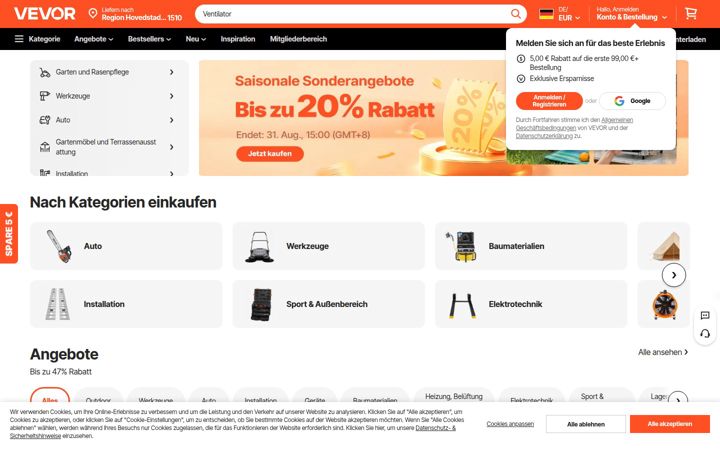 Screenshot of vevor.de