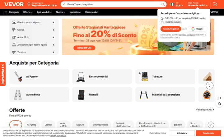 Captura de ecrã de vevor.it