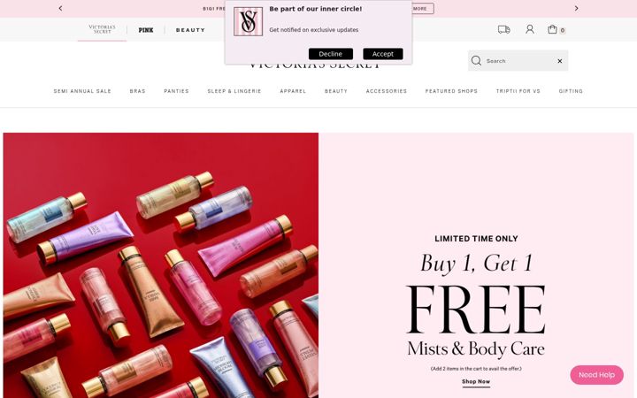 Skærmbillede af victoriassecret.in