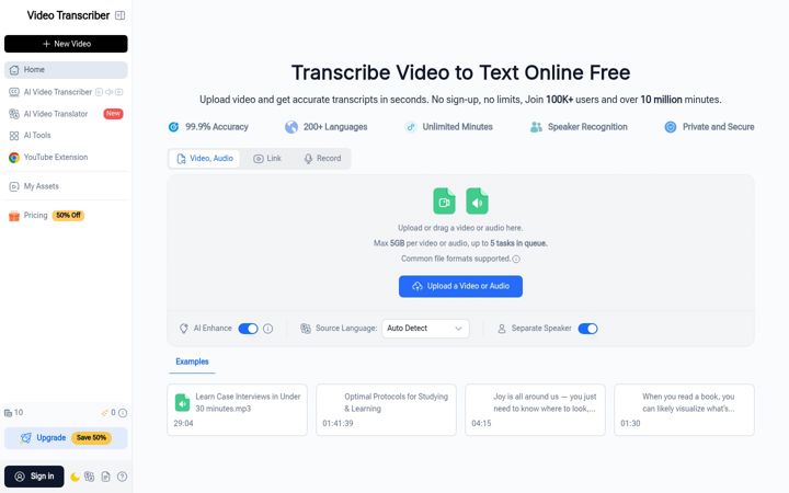 Captura de pantalla de videotranscriber.ai
