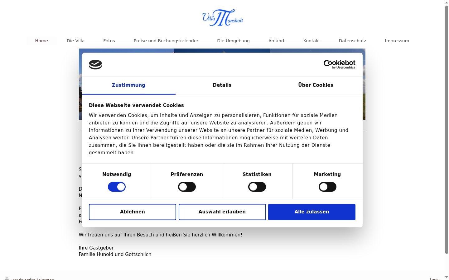 Screenshot des Einwilligungsbanners vor jeglicher Interaktion