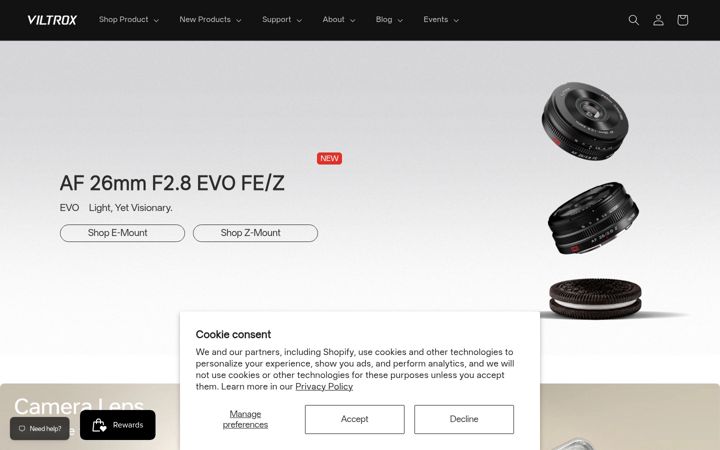 Screenshot of viltrox.com