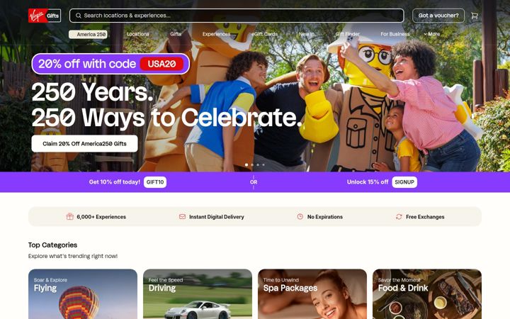 Screenshot of virginexperiencegifts.com