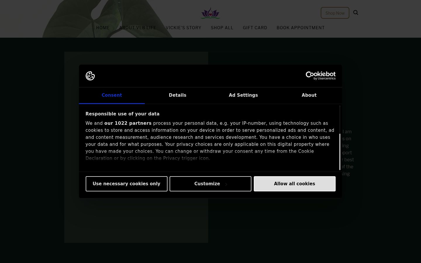 Captura de ecrã do banner de consentimento apresentado antes de qualquer interação