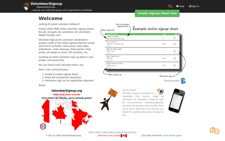 Ekrano kopija volunteersignup.org
