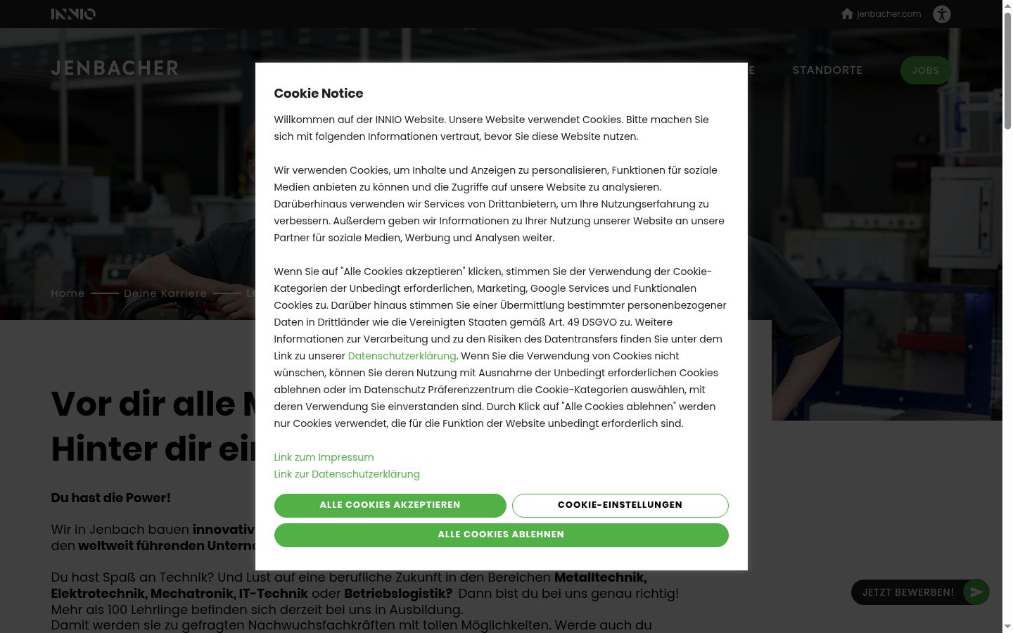 Skärmbild av samtyckesbannern som visades före någon interaktion