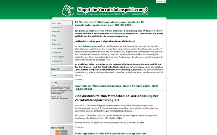 Screenshot of vorratsdatenspeicherung.de