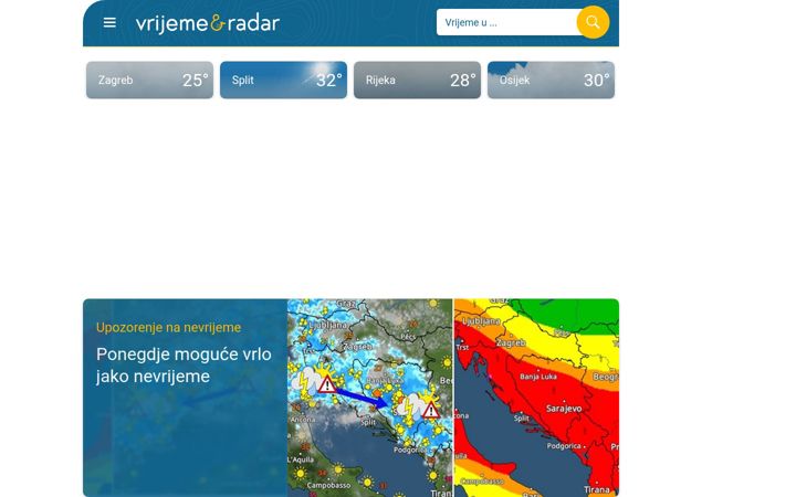 Snimka zaslona za vrijemeradar.hr