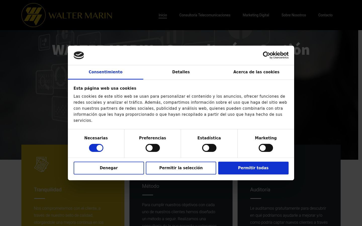 Captura de pantalla del banner de consentimiento mostrado antes de cualquier interacción