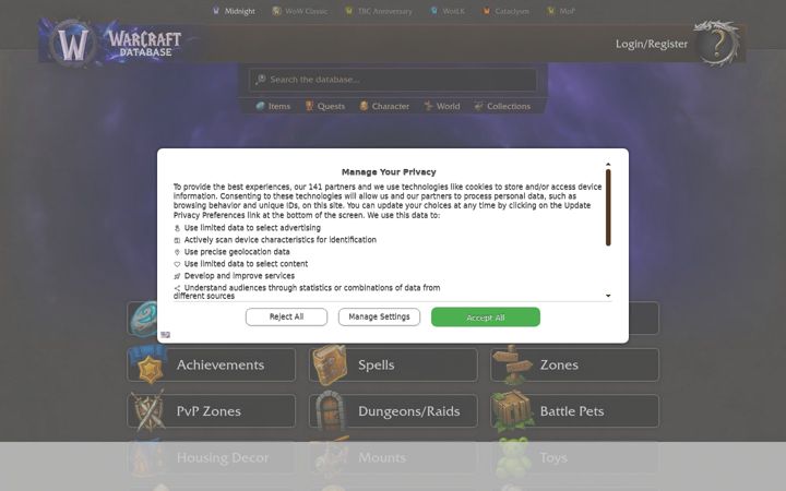 Screenshot of warcraftdb.com